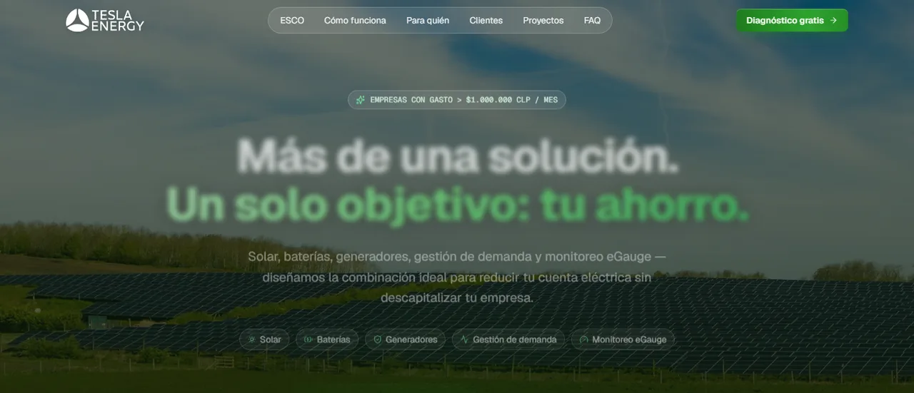 Captura del sitio en producción de Tesla Energy